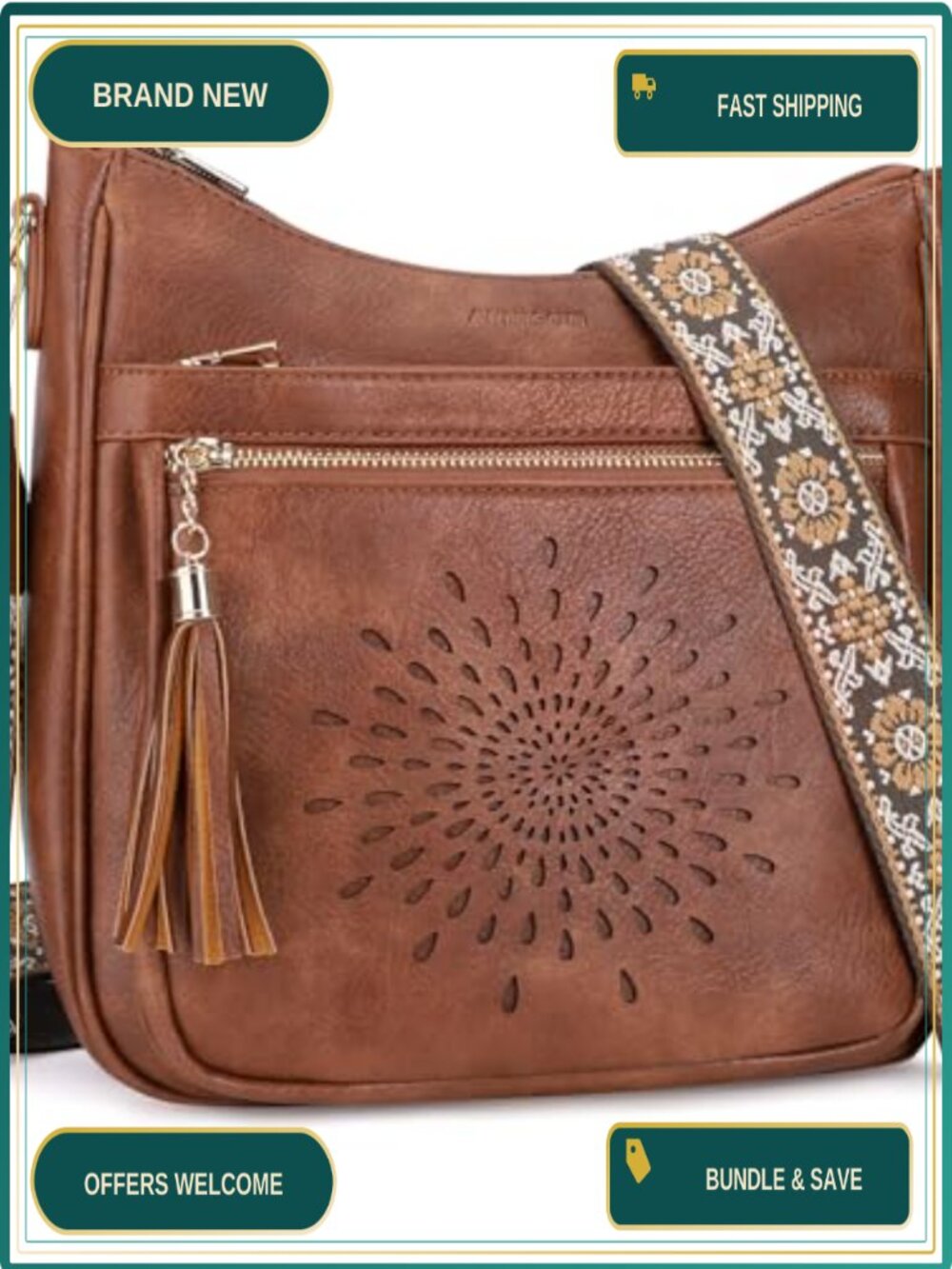 Vegan PU Leather Crossbody Bag with Tassel Multi-Pocket Shoulder Purse